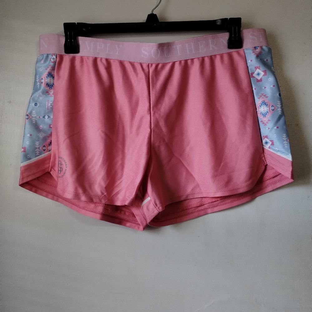 Simply Southern Pink Athletic Shorts with Gray Aztec Side Panels